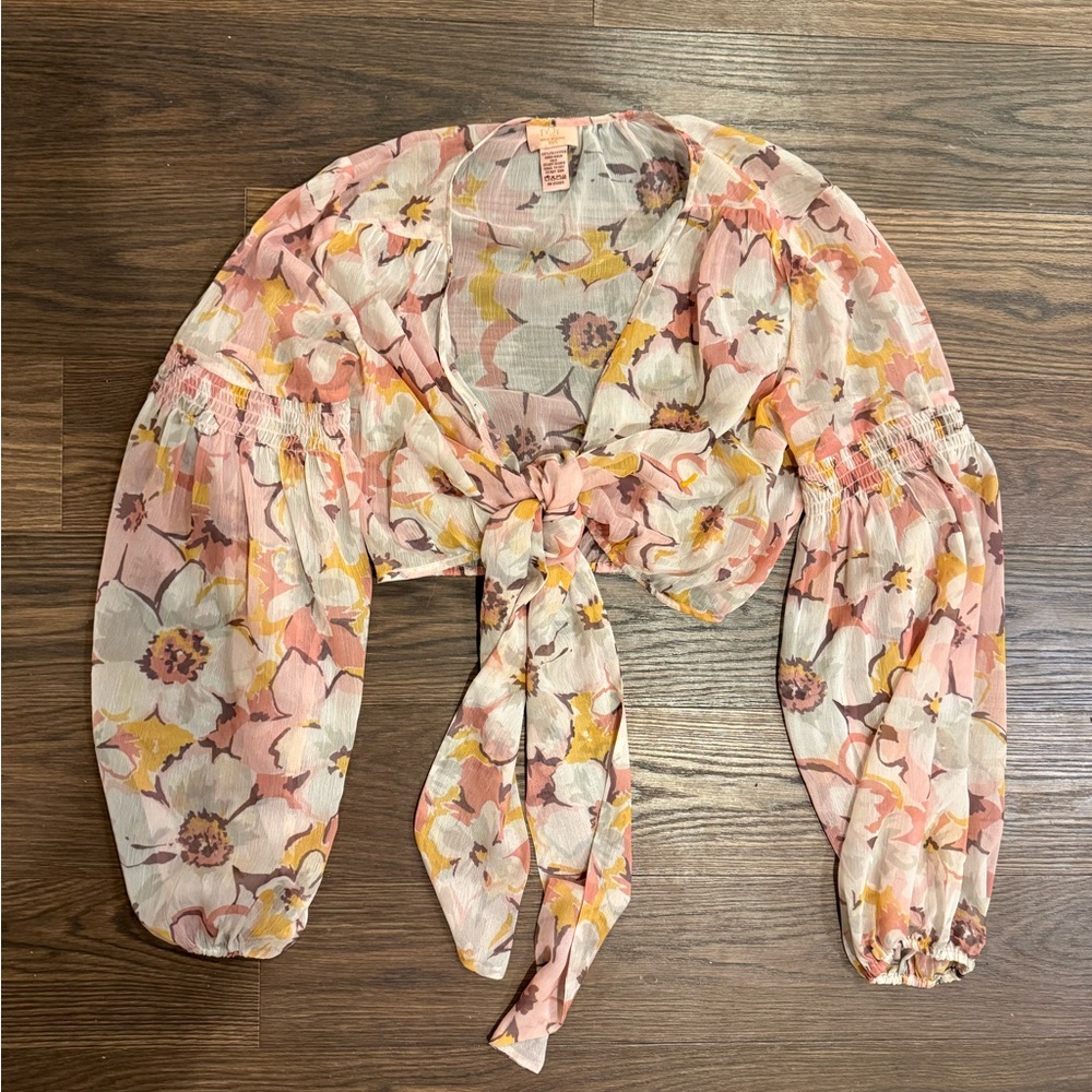P2F Sheer Floral Tie Front Wrap Blouse